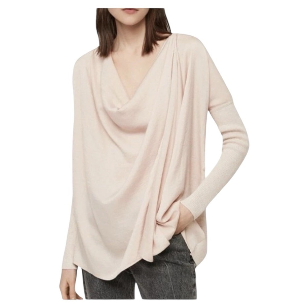 AllSaints Nude Pink Erma Cowl Neck Merino
Wool Silk Blouse Size Small